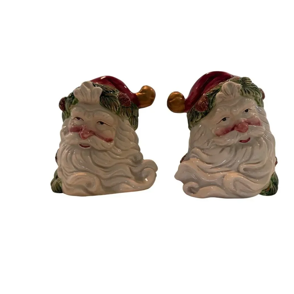Figural Santa Claus Head Salt and Pepper Shakers with Pinecone and Evergreen